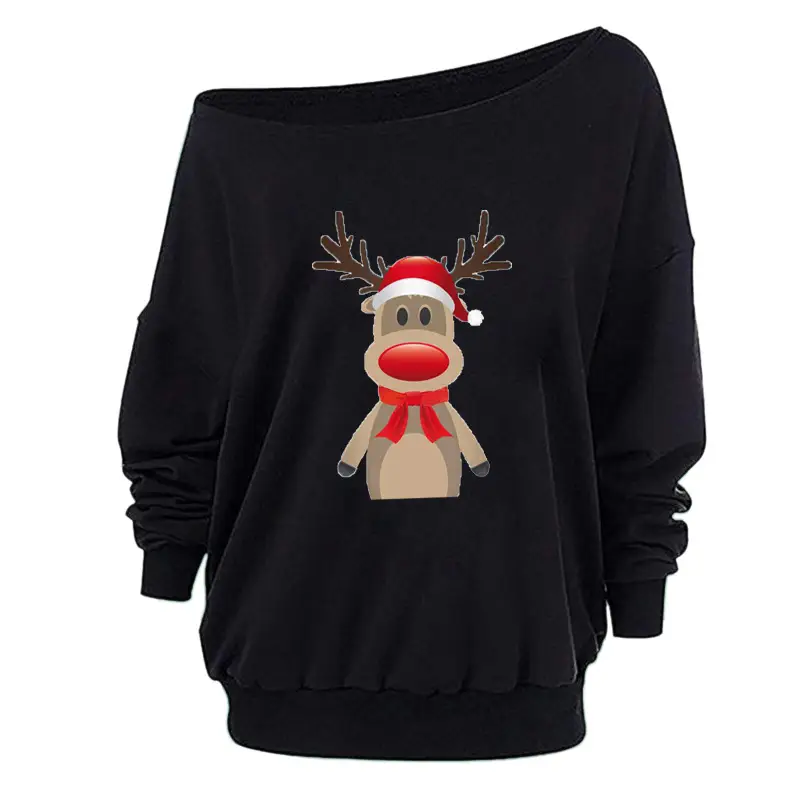 Christmas Deer Decal Sweatshirt Black Long Sleeve - Image 8