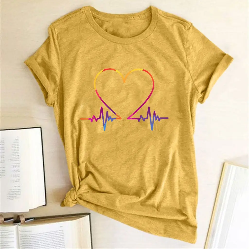 Women T-Shirt Electrocardiogram Heart Design Peach