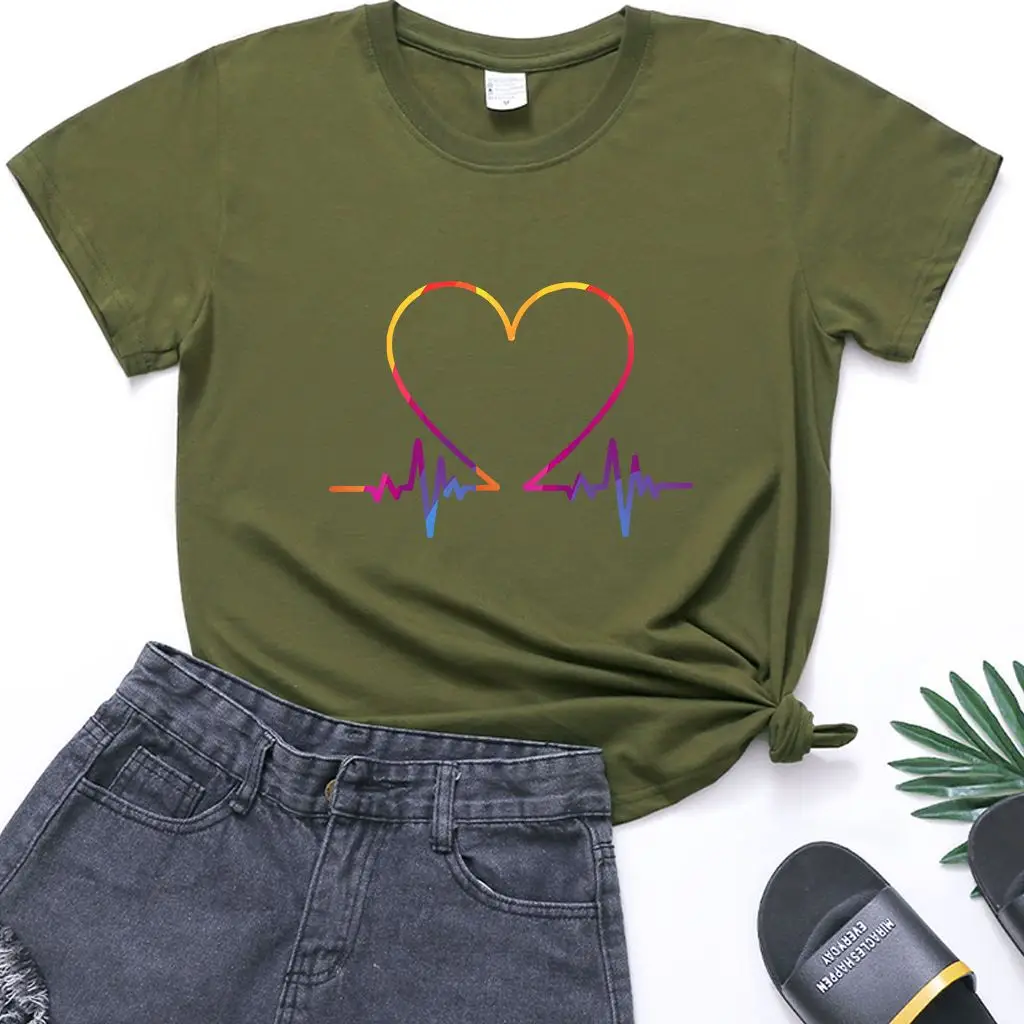 Women T-Shirt Electrocardiogram Heart Design Peach