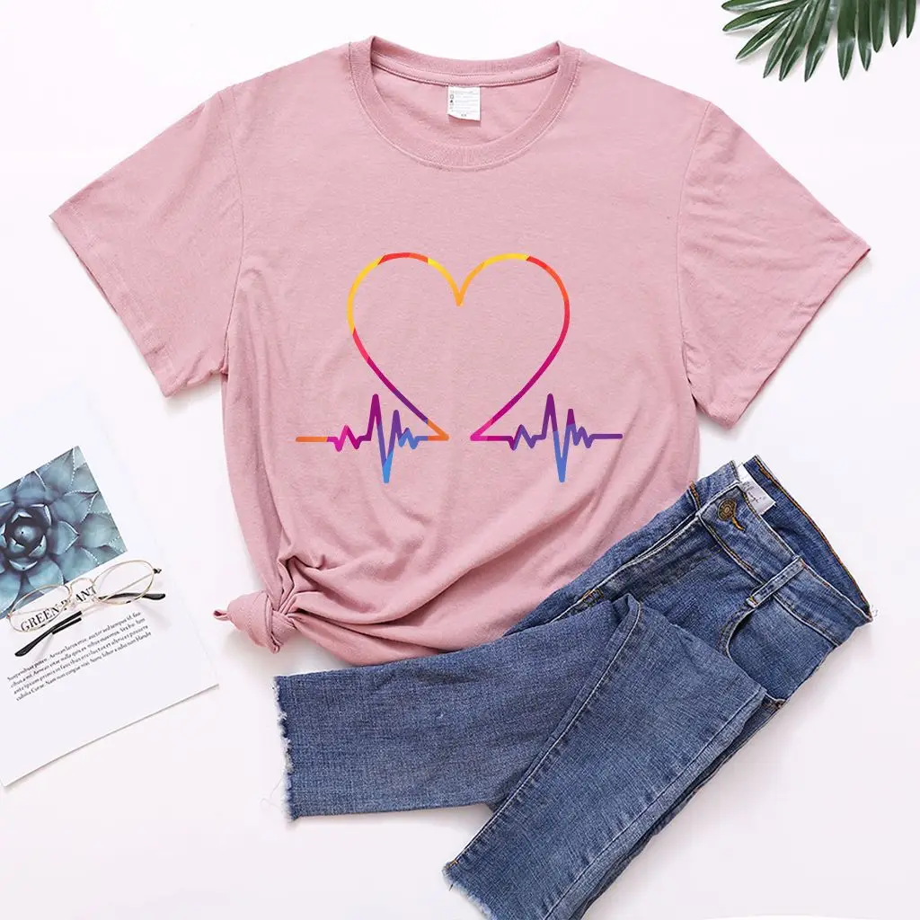 Women T-Shirt Electrocardiogram Heart Design Peach