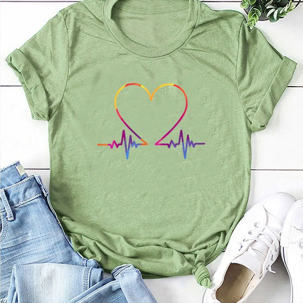 Women T-Shirt Electrocardiogram Heart Design Peach