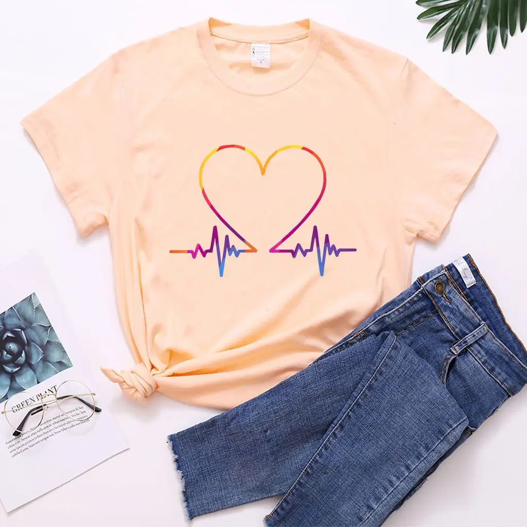 Women T-Shirt Electrocardiogram Heart Design Peach