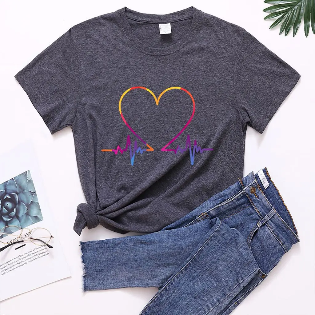 Women T-Shirt Electrocardiogram Heart Design Peach