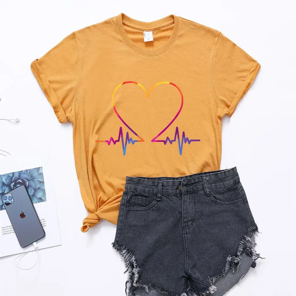 Women T-Shirt Electrocardiogram Heart Design Peach
