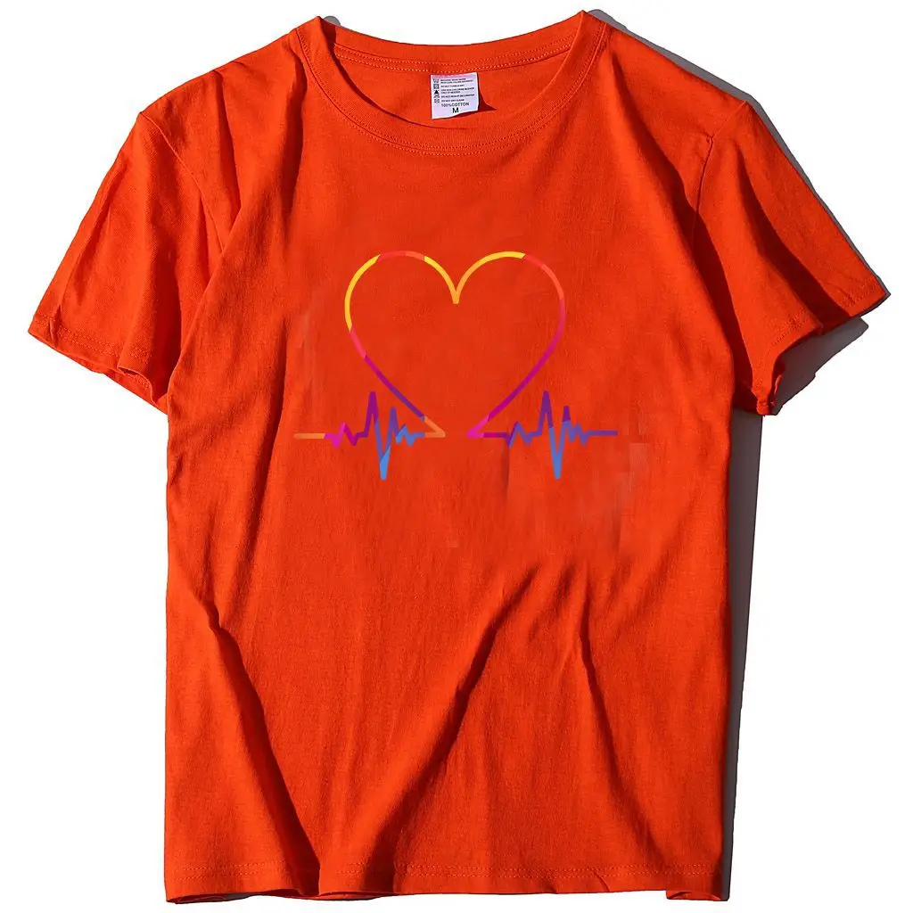 Women T-Shirt Electrocardiogram Heart Design Peach