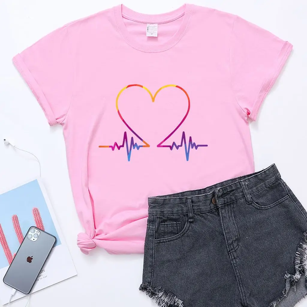 Women T-Shirt Electrocardiogram Heart Design Peach