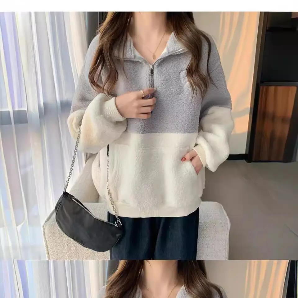 Women Crossbody Sweatshirt Fleece Collar Half-Zipper Winter Warm - Image 6