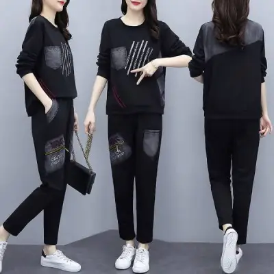 Women Printed Casual Two-Piece Suit Black Large