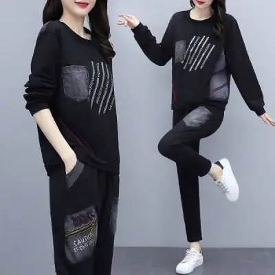 Women Printed Casual Two-Piece Suit Black Large