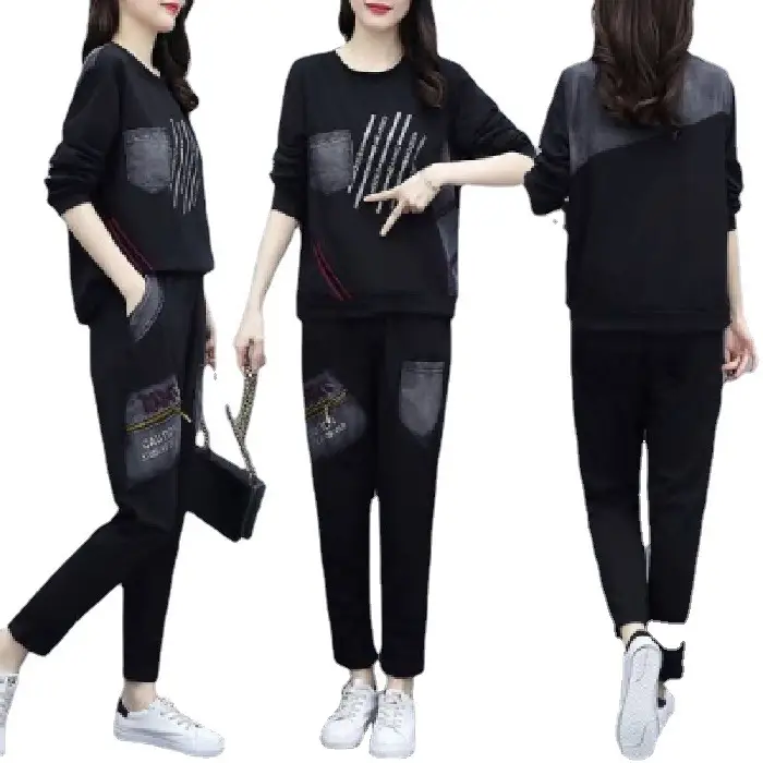 Women Printed Casual Two-Piece Suit Black Large