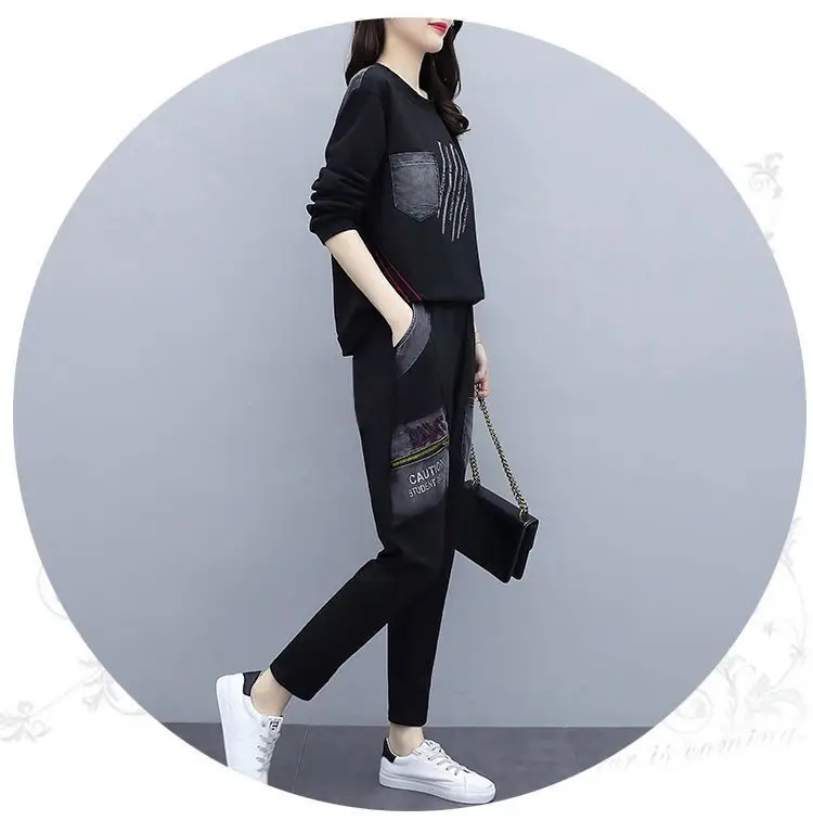 Women Printed Casual Two-Piece Suit Black Large — feature 11