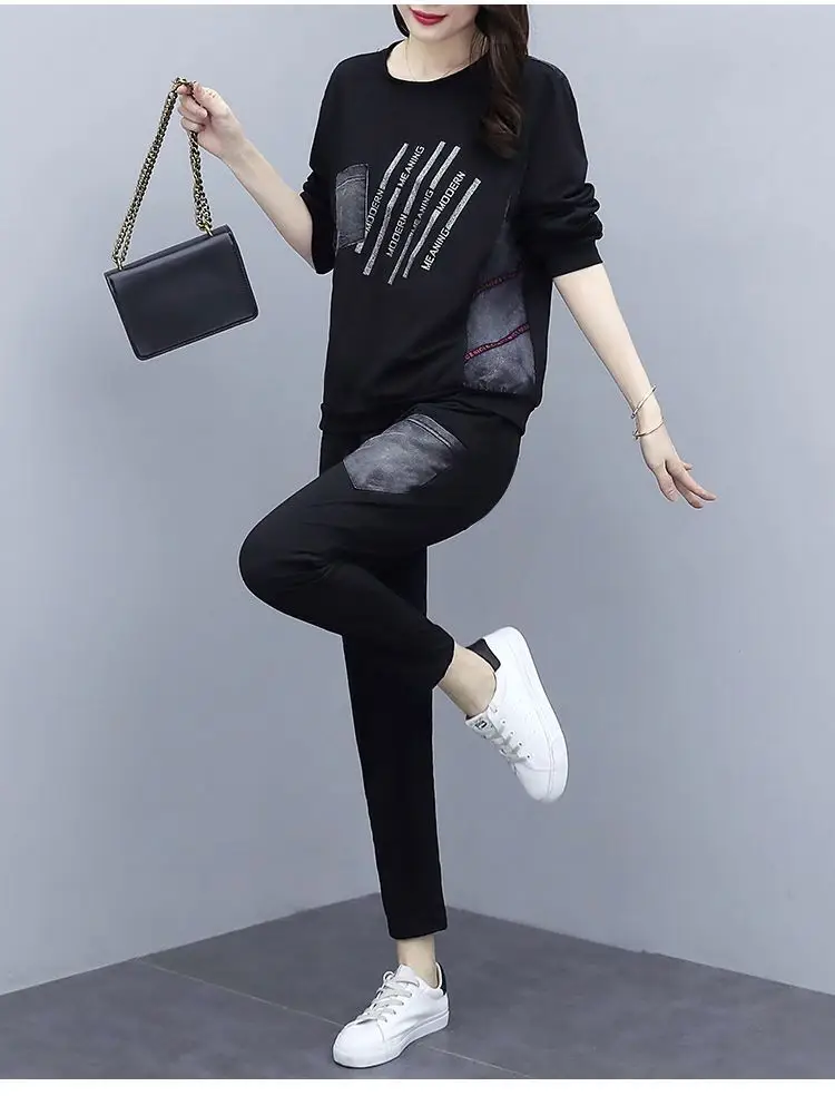 Women Printed Casual Two-Piece Suit Black Large — feature 8