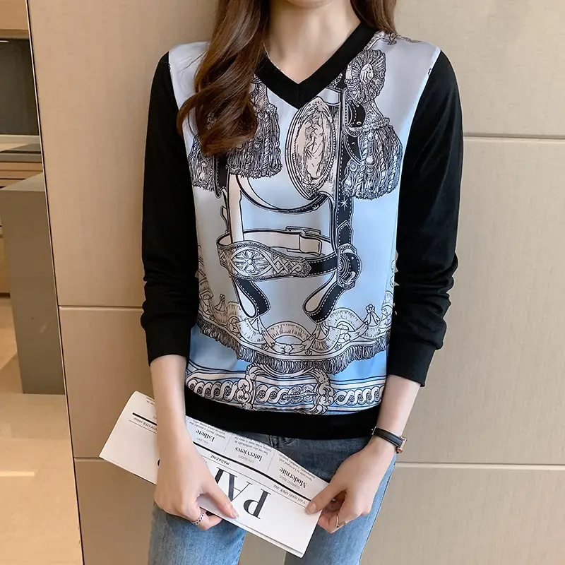 Women Printed V-Neck Long Sleeve T-Shirt 2022 - Image 4