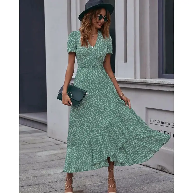 Green Floral V-Neck Cardigan Dress Large Swing Holiday Wear