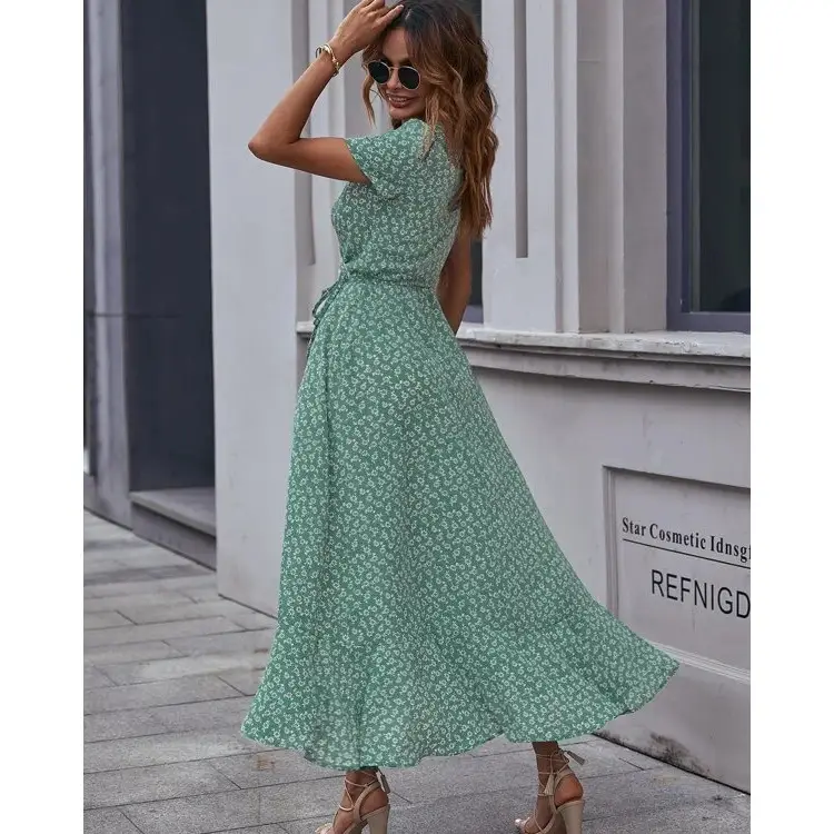Green Floral V-Neck Cardigan Dress Large Swing Holiday Wear
