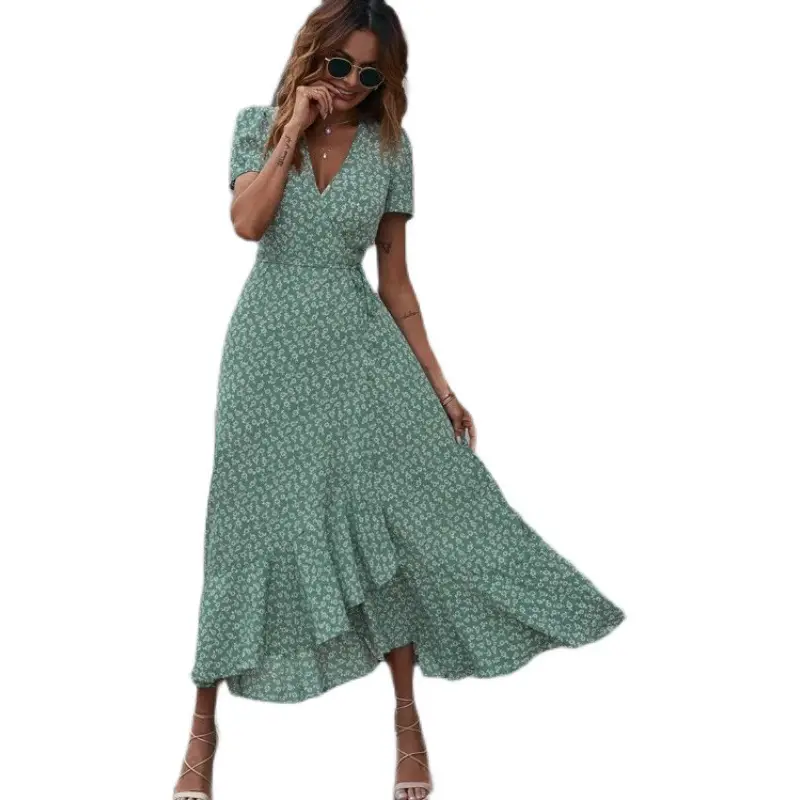 Green Floral V-Neck Cardigan Dress Large Swing Holiday Wear