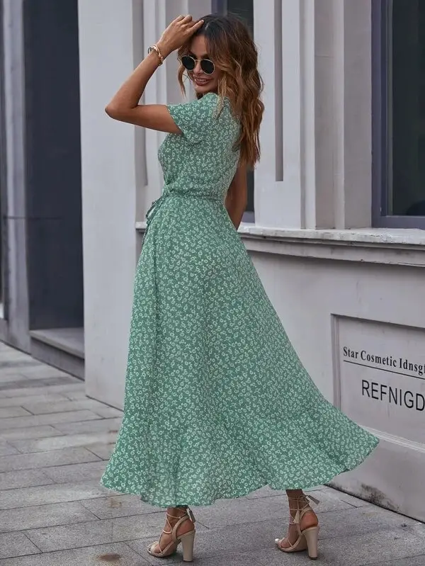 Green Floral V-Neck Cardigan Dress Large Swing Holiday Wear — feature 10