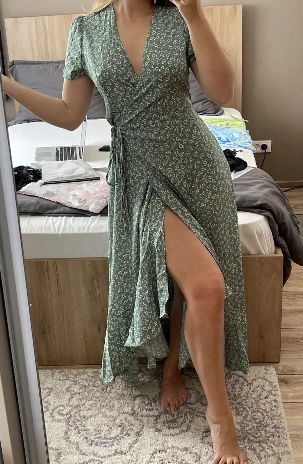 Green Floral V-Neck Cardigan Dress Large Swing Holiday Wear — feature 11