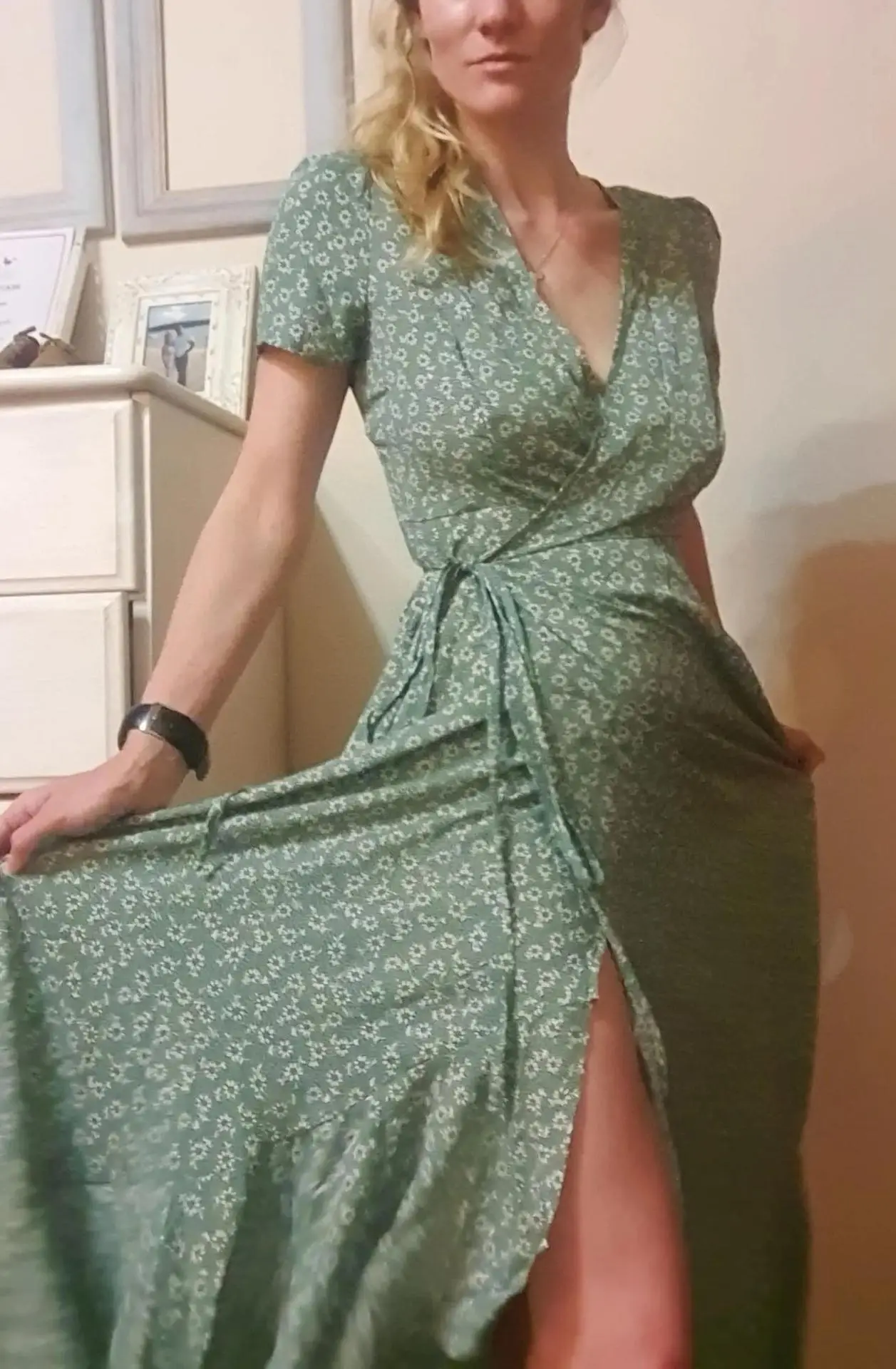 Green Floral V-Neck Cardigan Dress Large Swing Holiday Wear — feature 13