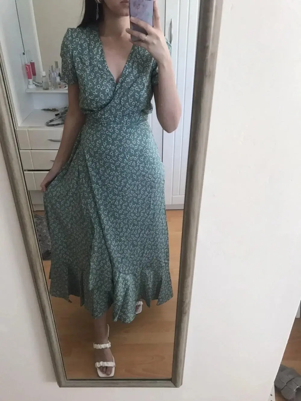 Green Floral V-Neck Cardigan Dress Large Swing Holiday Wear — feature 14