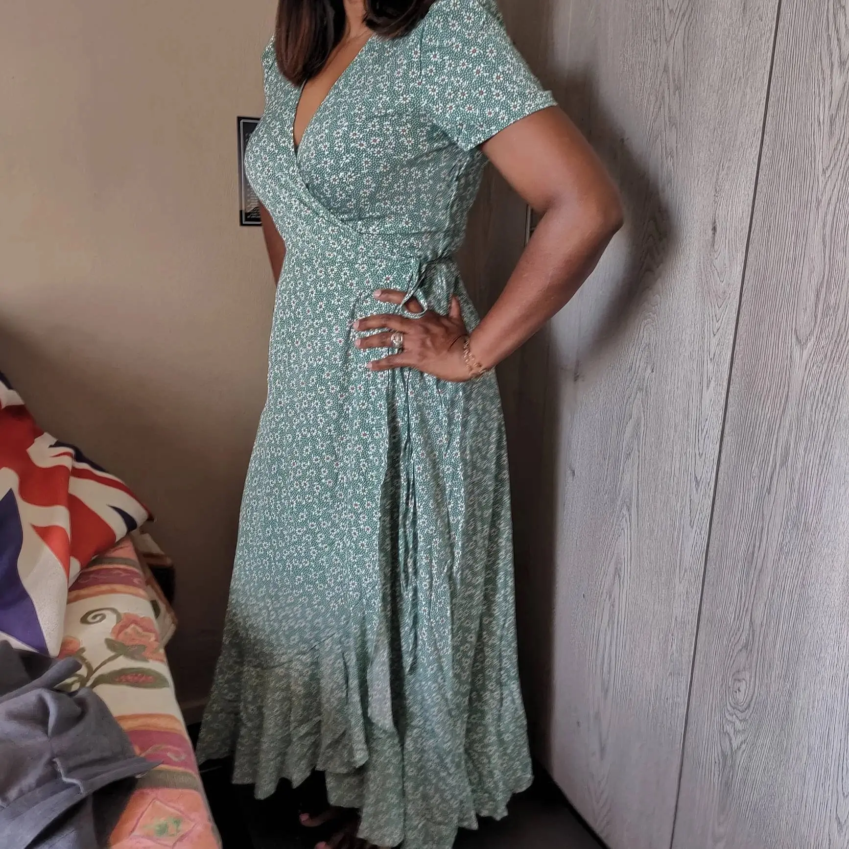 Green Floral V-Neck Cardigan Dress Large Swing Holiday Wear — feature 17