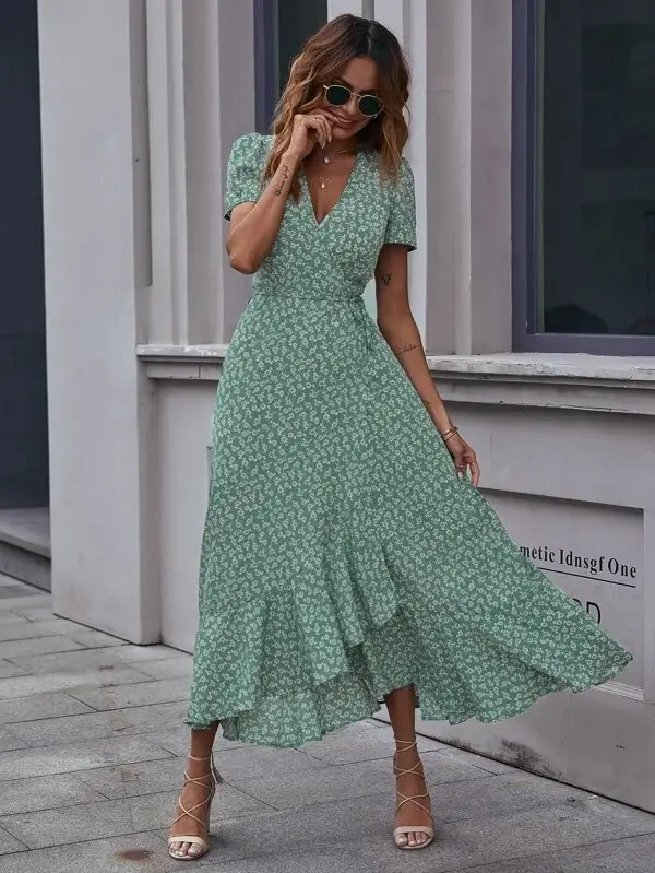 Green Floral V-Neck Cardigan Dress Large Swing Holiday Wear — feature 3