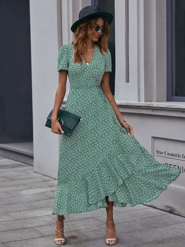 Green Floral V-Neck Cardigan Dress Large Swing Holiday Wear — feature 4