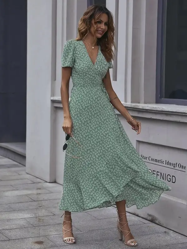 Green Floral V-Neck Cardigan Dress Large Swing Holiday Wear — feature 7