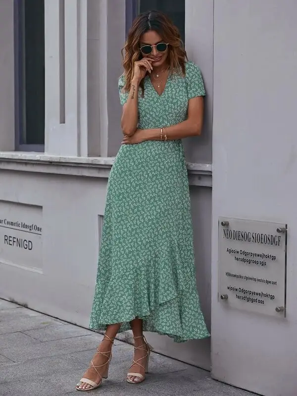 Green Floral V-Neck Cardigan Dress Large Swing Holiday Wear — feature 9