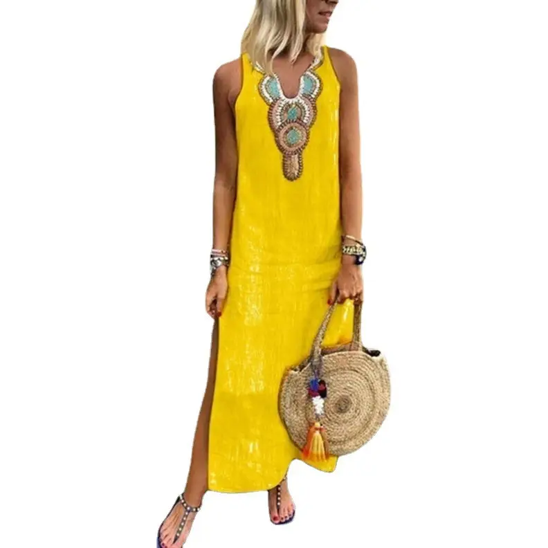Women Cross-border 2022 Summer V-Neck Long Dress Red Linen - Image 10