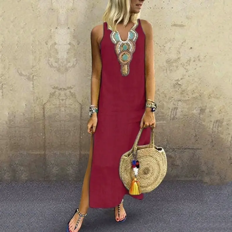 Women Cross-border 2022 Summer V-Neck Long Dress Red Linen — feature 4