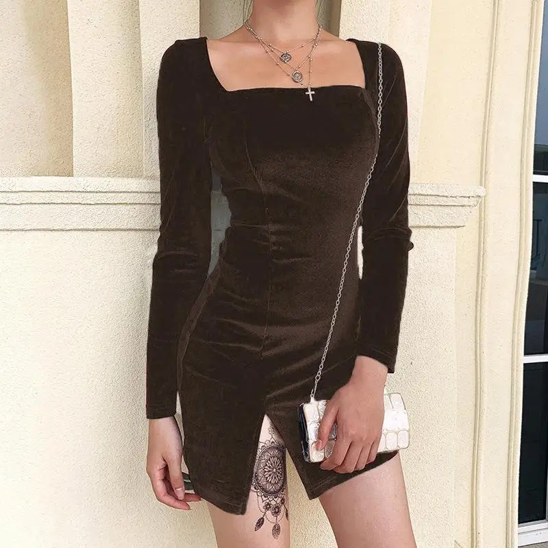 Black Velvet U-Neck Dress with Long Sleeves - Image 5