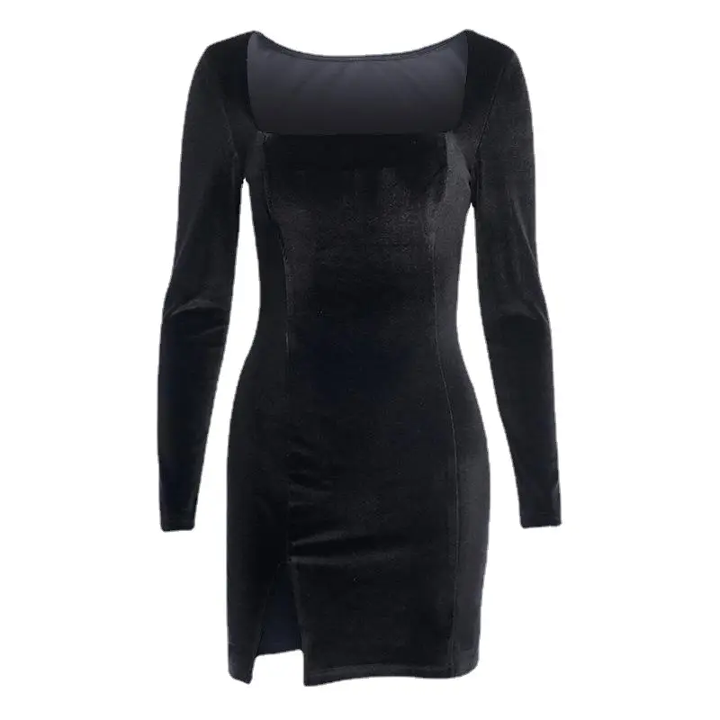 Black Velvet U-Neck Dress with Long Sleeves - Image 6