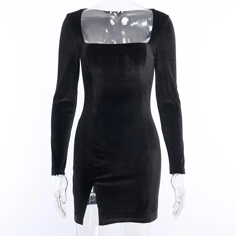 Black Velvet U-Neck Dress with Long Sleeves - Image 2
