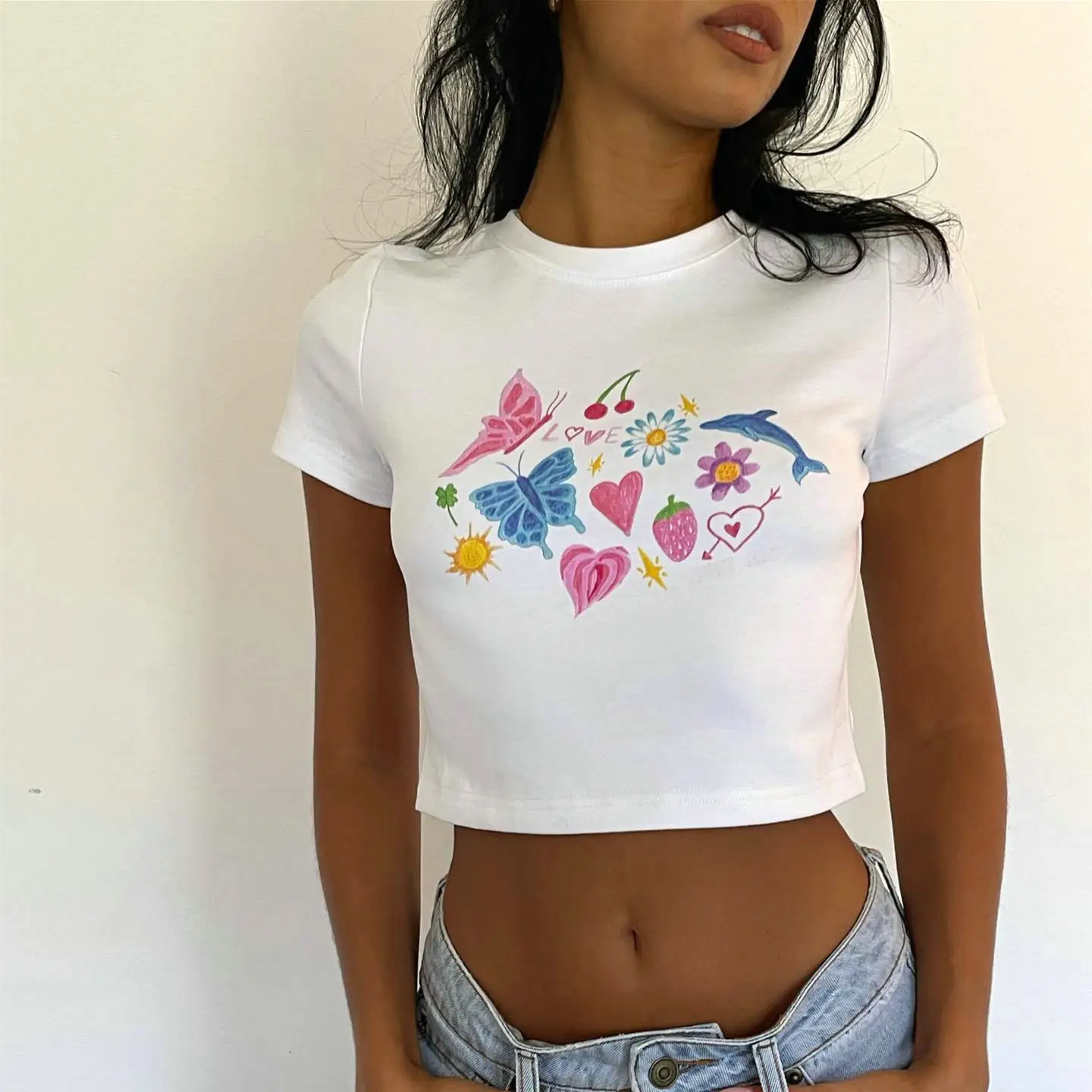 White Butterfly Print Short Sleeve T-Shirt for Women