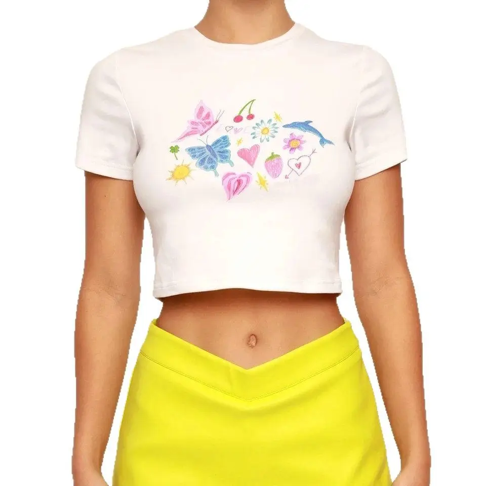 White Butterfly Print Short Sleeve T-Shirt for Women