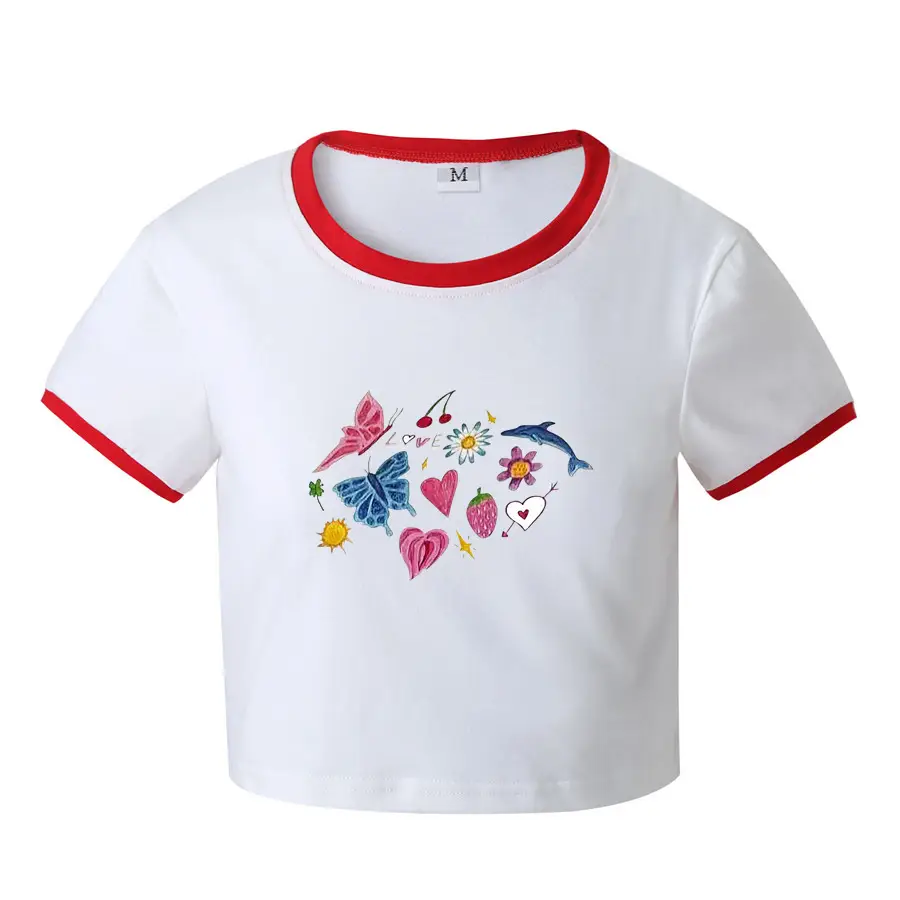 White Butterfly Print Short Sleeve T-Shirt for Women