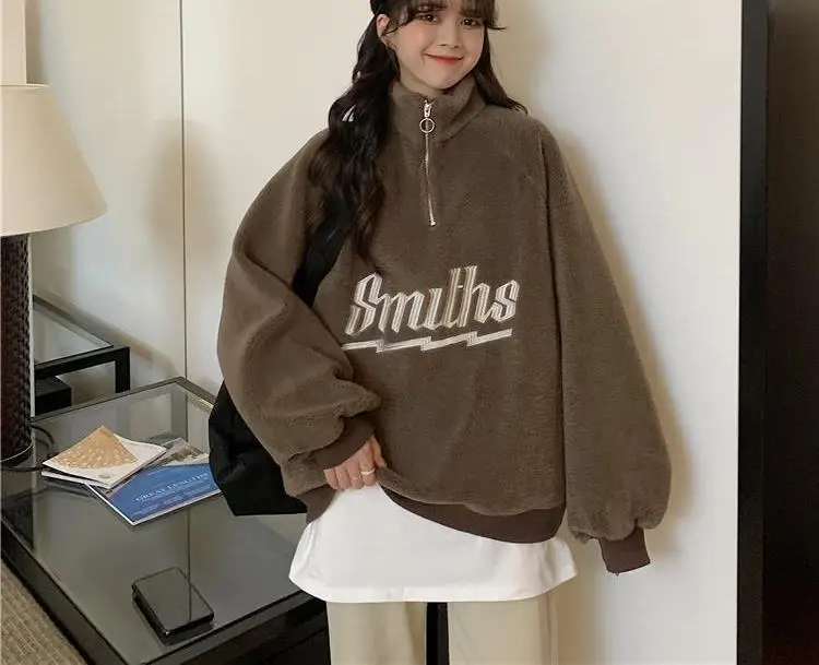 Women Korean Style Loose Sweatshirt Brown Smiths — feature 5