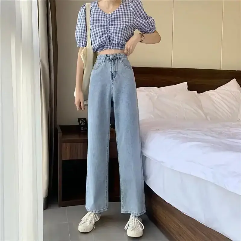Women Wide Leg Pants High Waist Light Blue Denim - Image 15