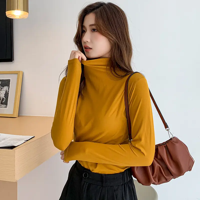 Women Fleece Lined Half-High Collar T-Shirt Yellow