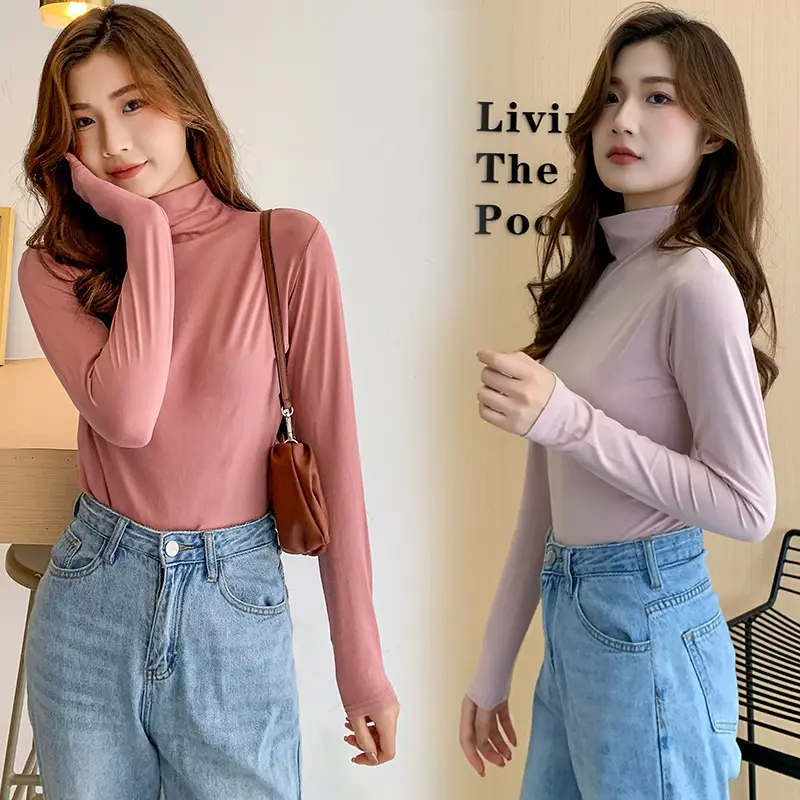 Women Fleece Lined Half-High Collar T-Shirt Yellow