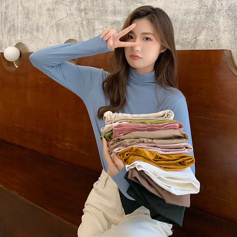 Women Fleece Lined Half-High Collar T-Shirt Yellow