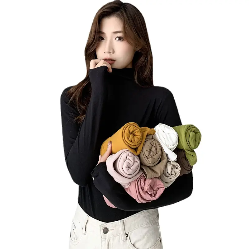 Women Fleece Lined Half-High Collar T-Shirt Yellow