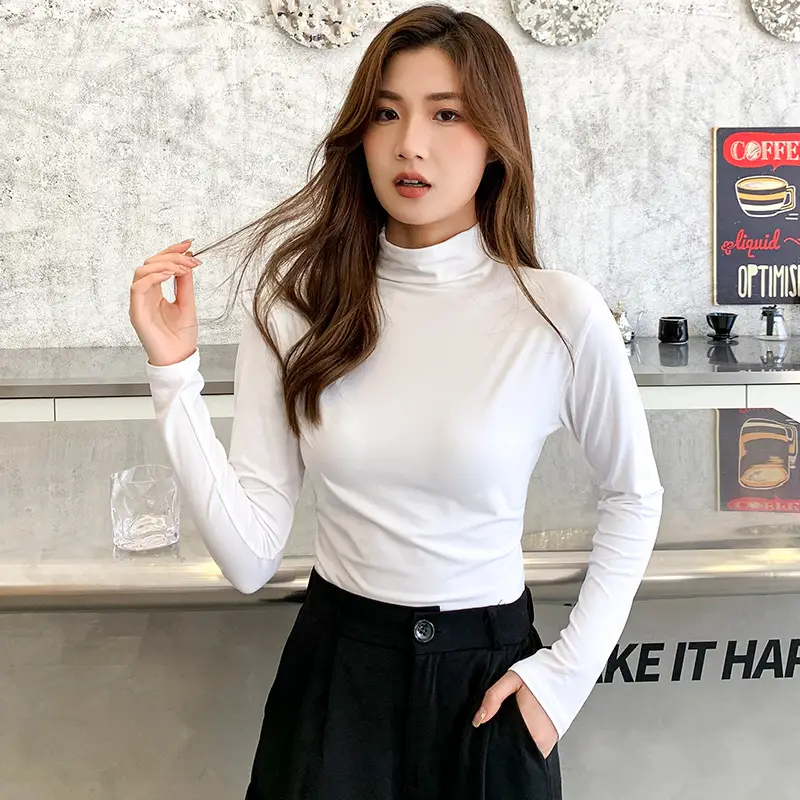 Women Fleece Lined Half-High Collar T-Shirt Yellow