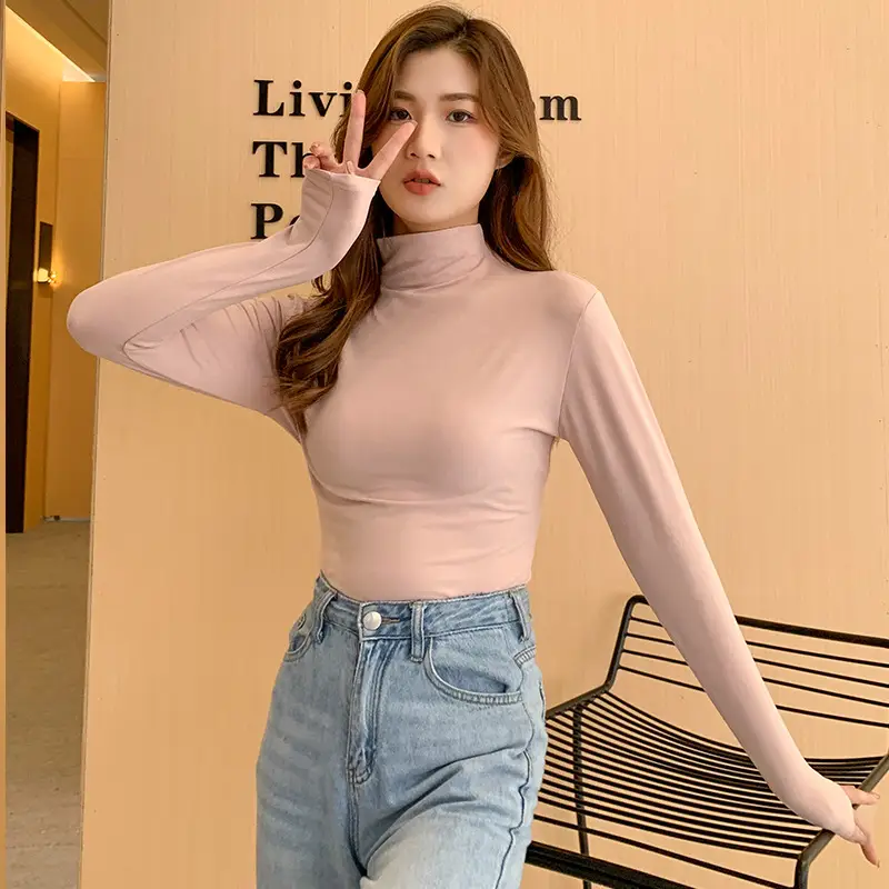 Women Fleece Lined Half-High Collar T-Shirt Yellow