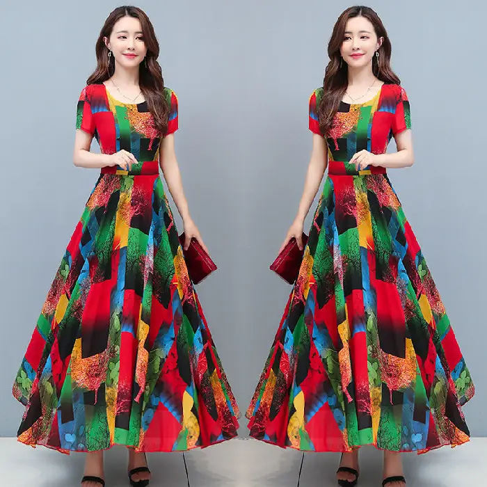 Printed Floral Skirt Dress with Tight Waist and Plus Size - Image 2