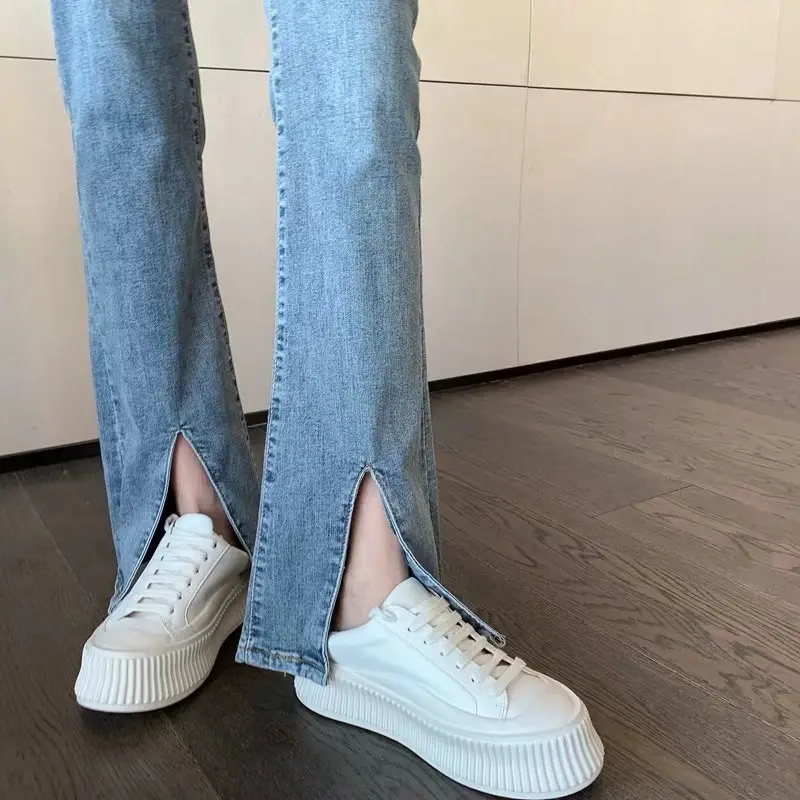 Women's Micro Flared Slit Jeans Large Light Blue - Image 4