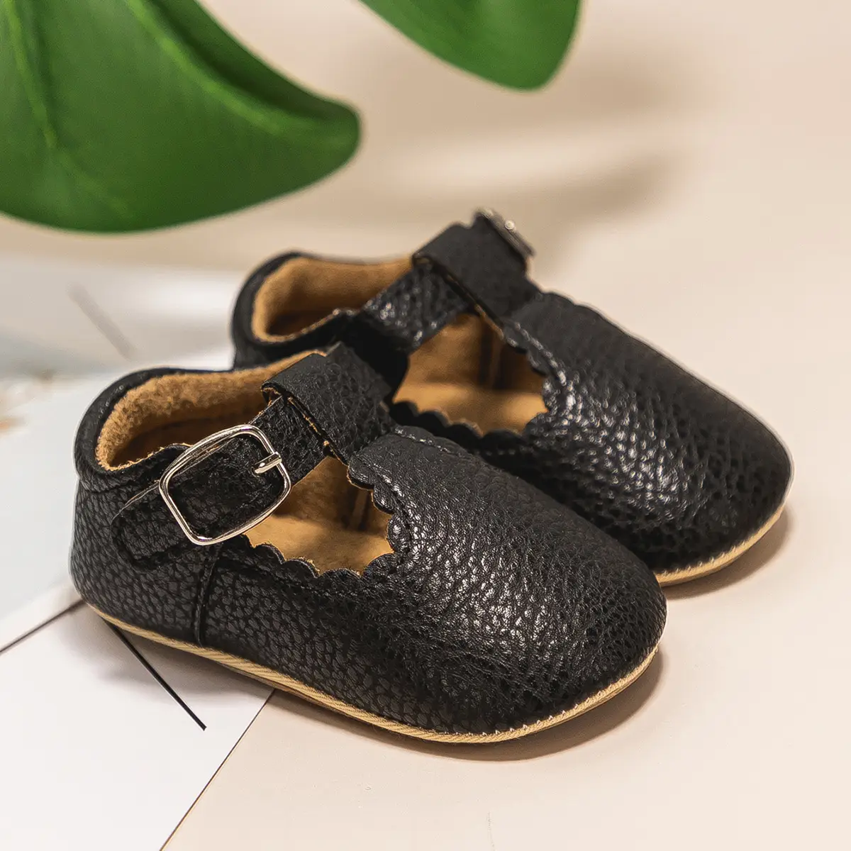 Black Embroidered Baby Shoes with Buckle Strap