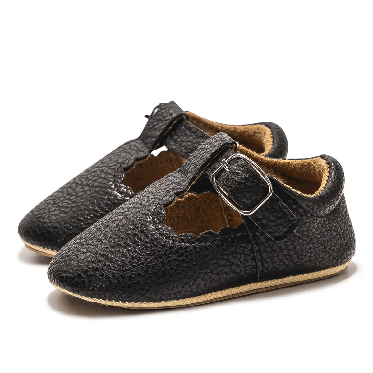 Black Embroidered Baby Shoes with Buckle Strap