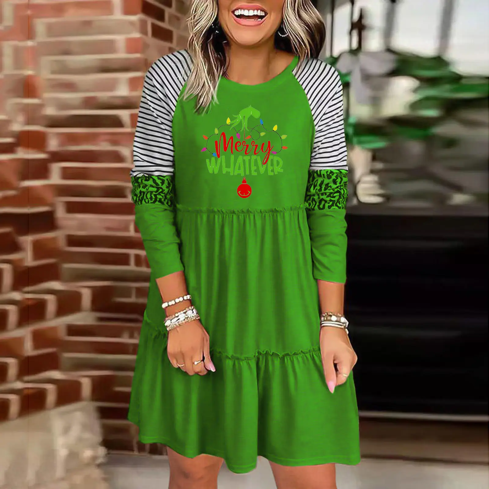 2022 Green Striped Grinch Dress for Women